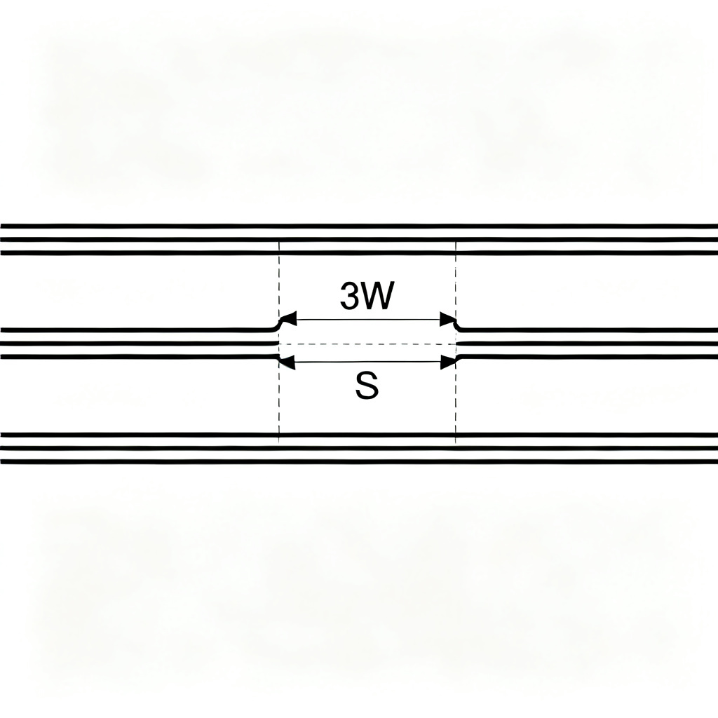 3W rule trace spacing example in high speed PCB with three parallel traces spaced at 3 times width