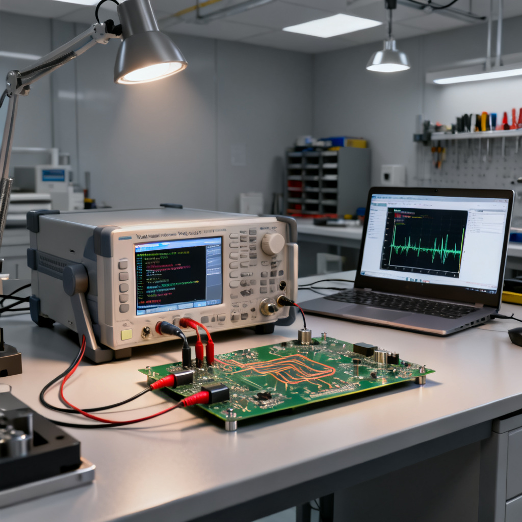 Automated eye diagram PCB measurement setup with VNA and Python script running on laptop
