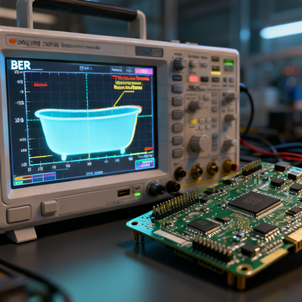 Bathtub eye curve showing BER timing margin for high-speed PCB validation