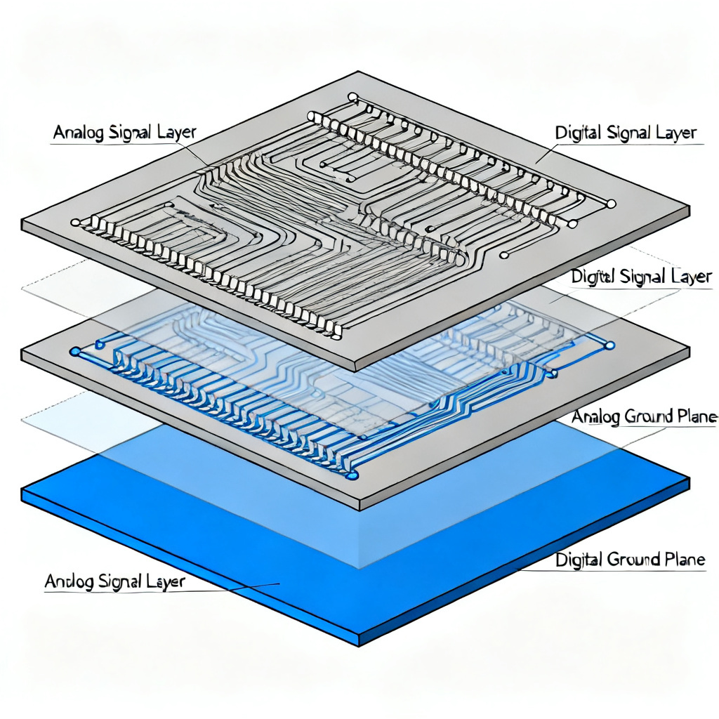 Board stackup design for analog vs digital return path separation in high-speed PCB
