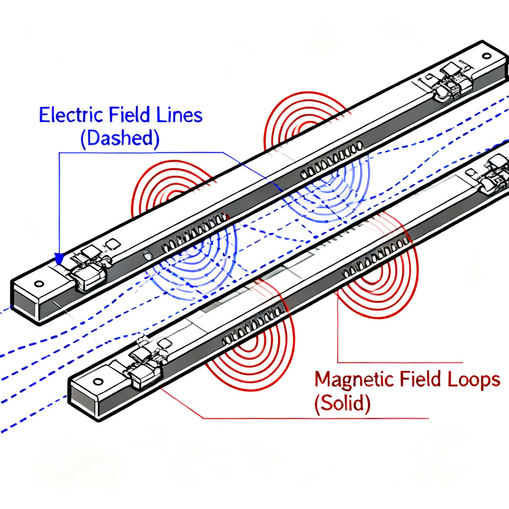 Crosstalk capacitive and inductive coupling in high speed PCB showing electric and magnetic field lines