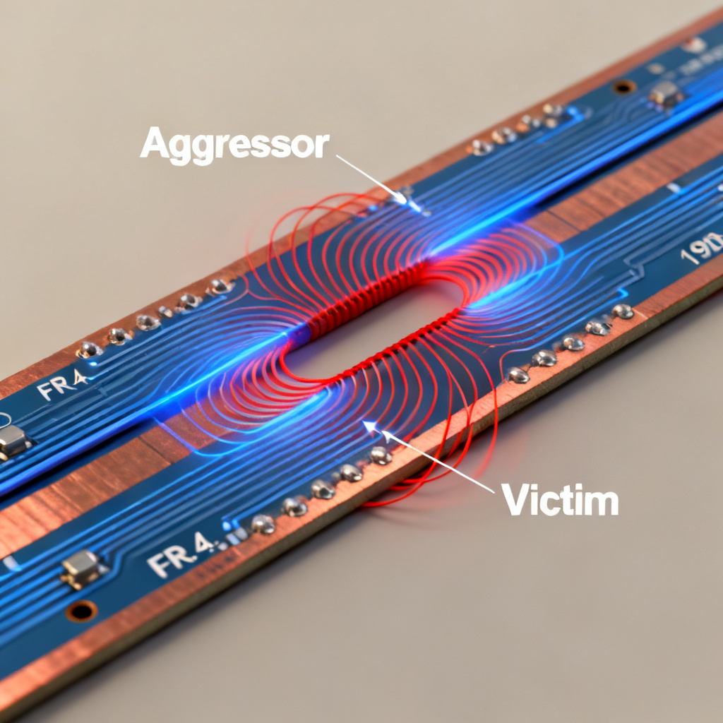 Crosstalk coupling between aggressor and victim traces in high speed PCB