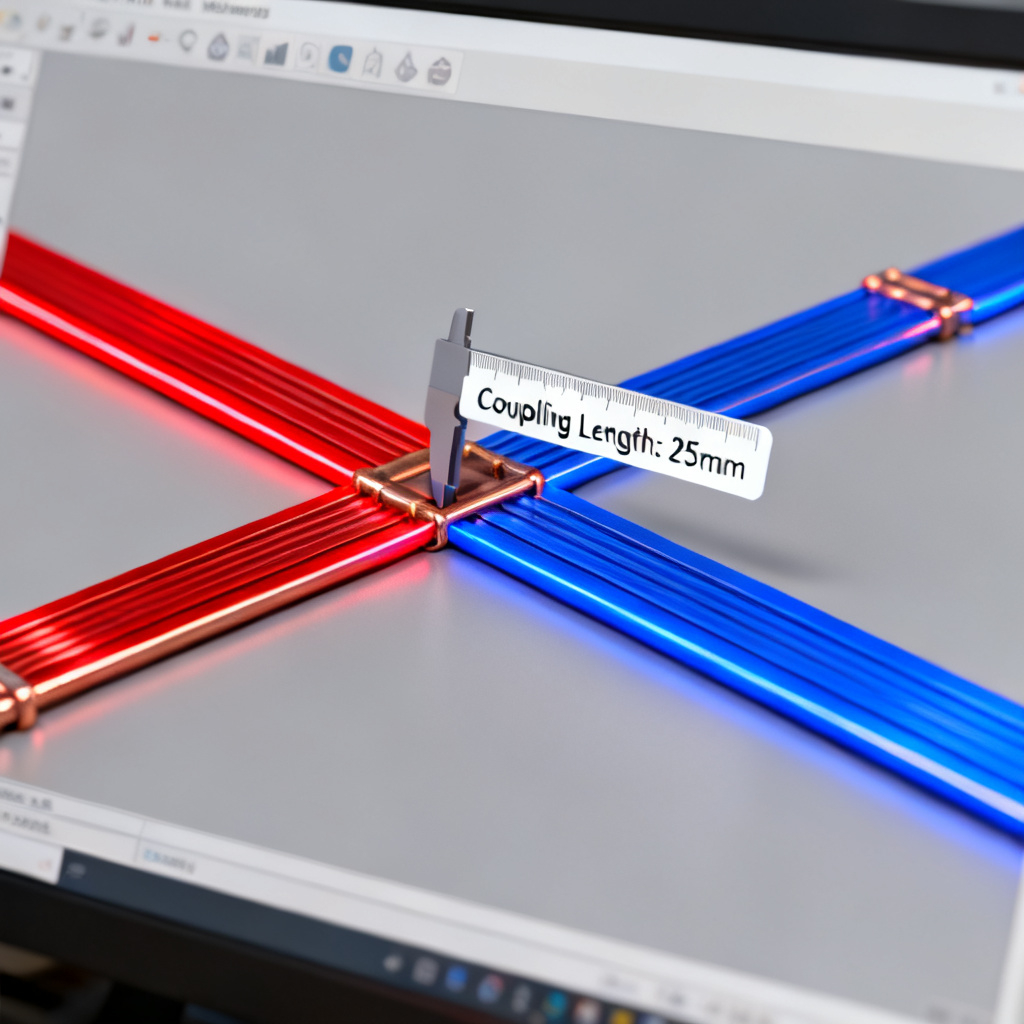 Crosstalk coupling length analysis setup in EDA tool showing aggressor and victim traces