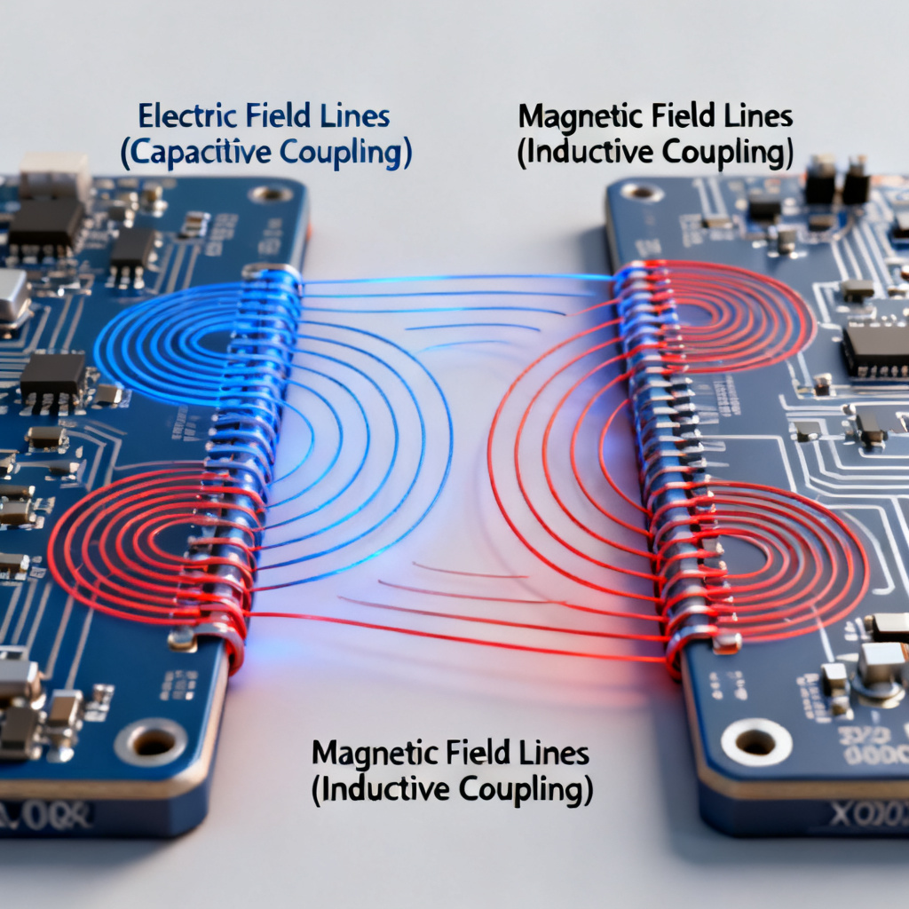Crosstalk coupling mechanisms in high speed PCB showing capacitive and inductive coupling