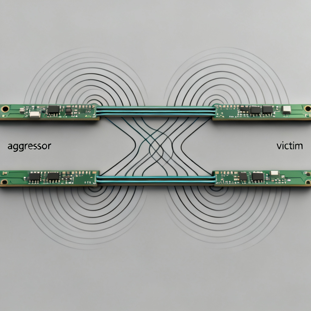 Crosstalk fundamentals in high speed PCB showing capacitive and inductive coupling between traces