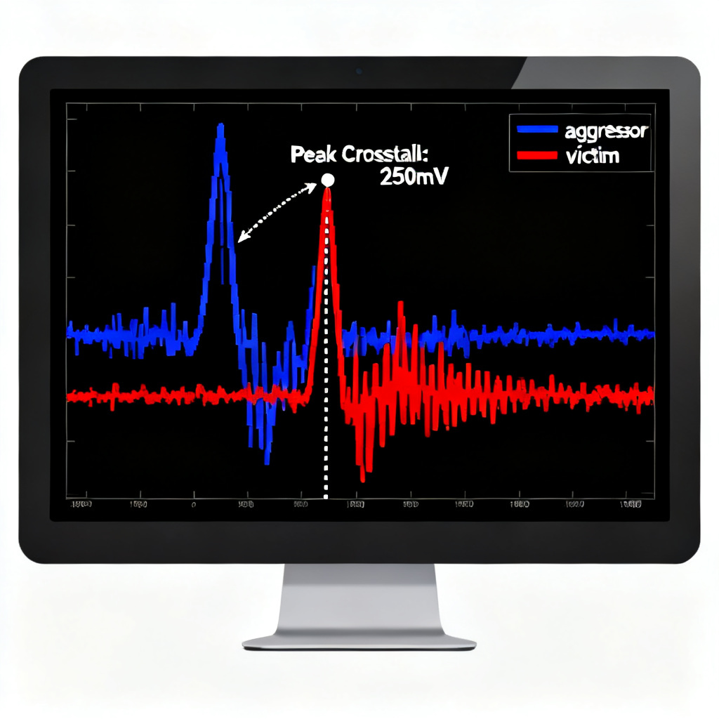 Crosstalk simulation waveform analysis for high speed PCB design review showing aggressor and victim signals