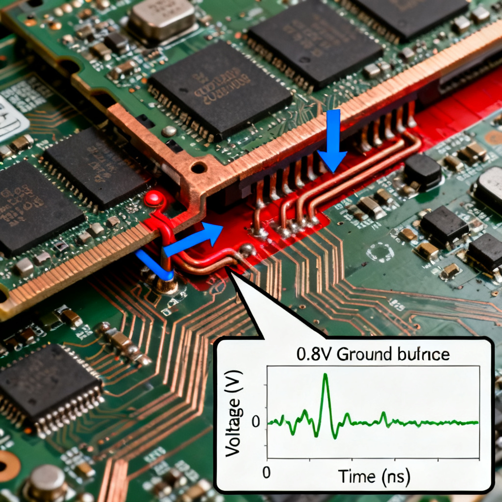DDR3 memory PCB with ground bounce failure from missing stitching via showing false reads