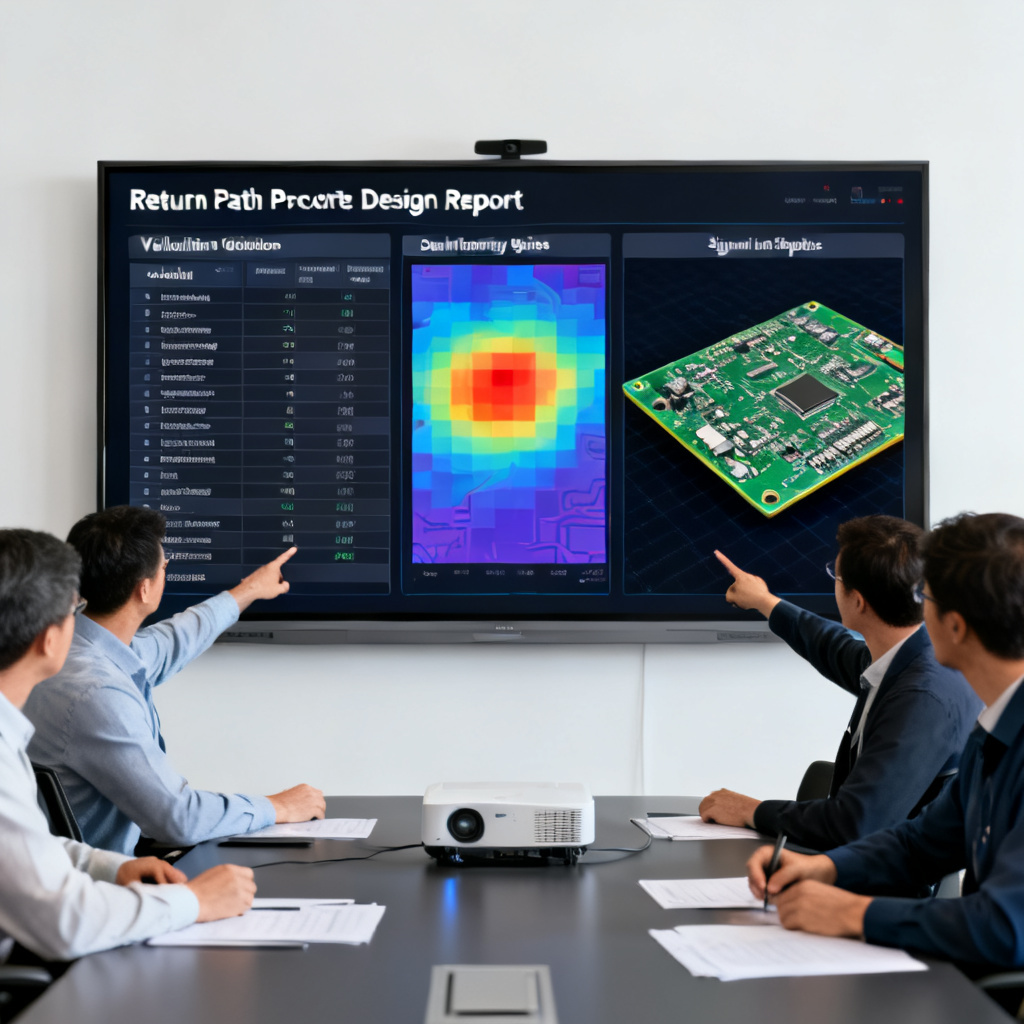 Design review presentation of a return path PCB design report with violation table and heatmap
