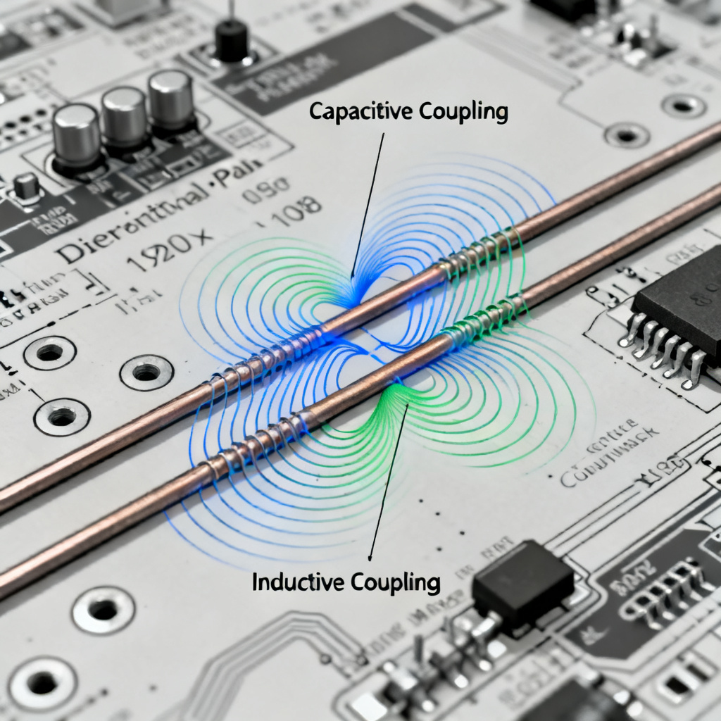 Differential pair structure in high speed PCB showing coupling mechanisms