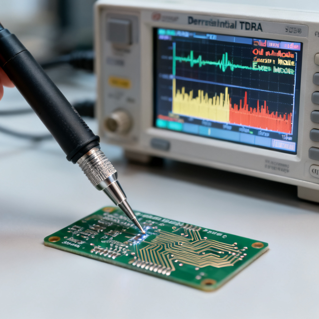 Differential TDR calibration setup with probe on high-speed PCB for impedance control PCB measurement