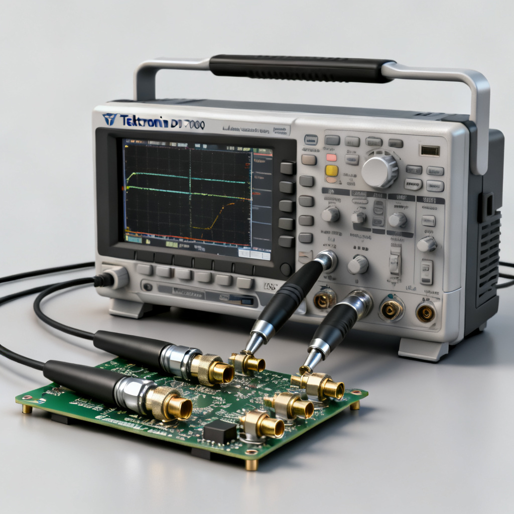 Tektronix DPO70000 oscilloscope with high-impedance probes connected to a high-speed PCB for eye diagram testing