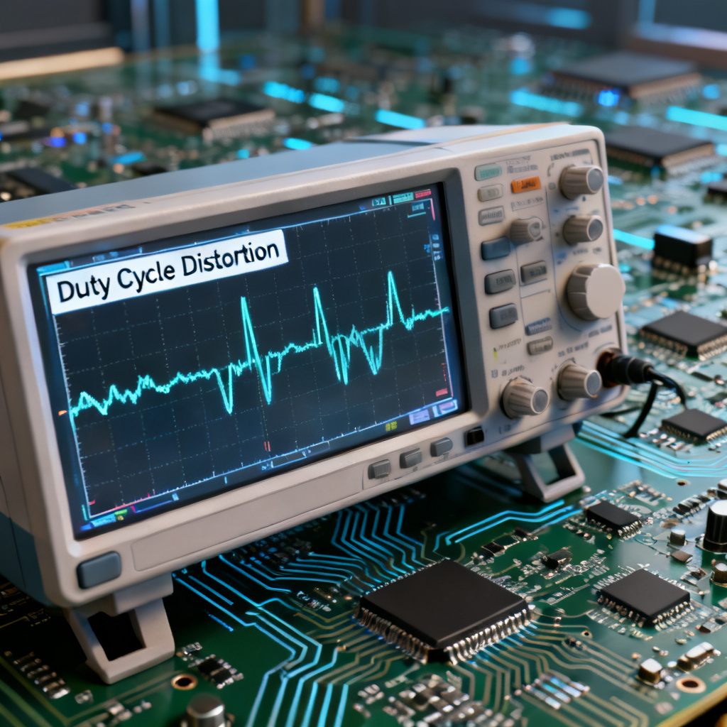 Duty Cycle Distortion in High Speed PCB introduction showing rise and fall time mismatch on an oscilloscope waveform