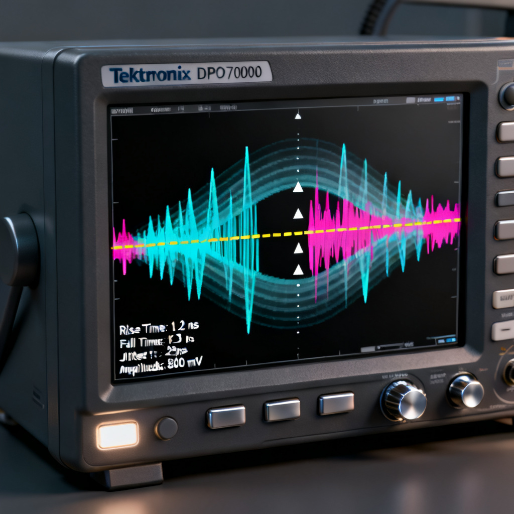 Eye diagram acquisition on Tektronix DPO70000 showing pattern trigger and infinite persistence mode for high-speed PCB compliance testing