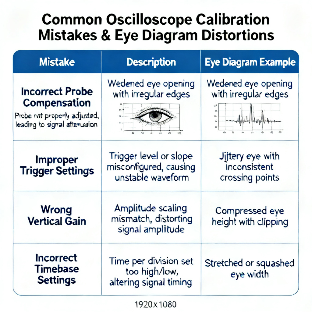 Eye diagram calibration mistakes table for oscilloscope PCB testing