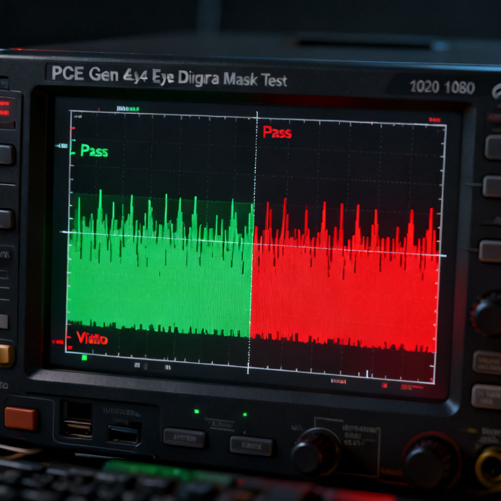 Eye diagram mask test for PCI Express compliance showing signal integrity pass fail criteria