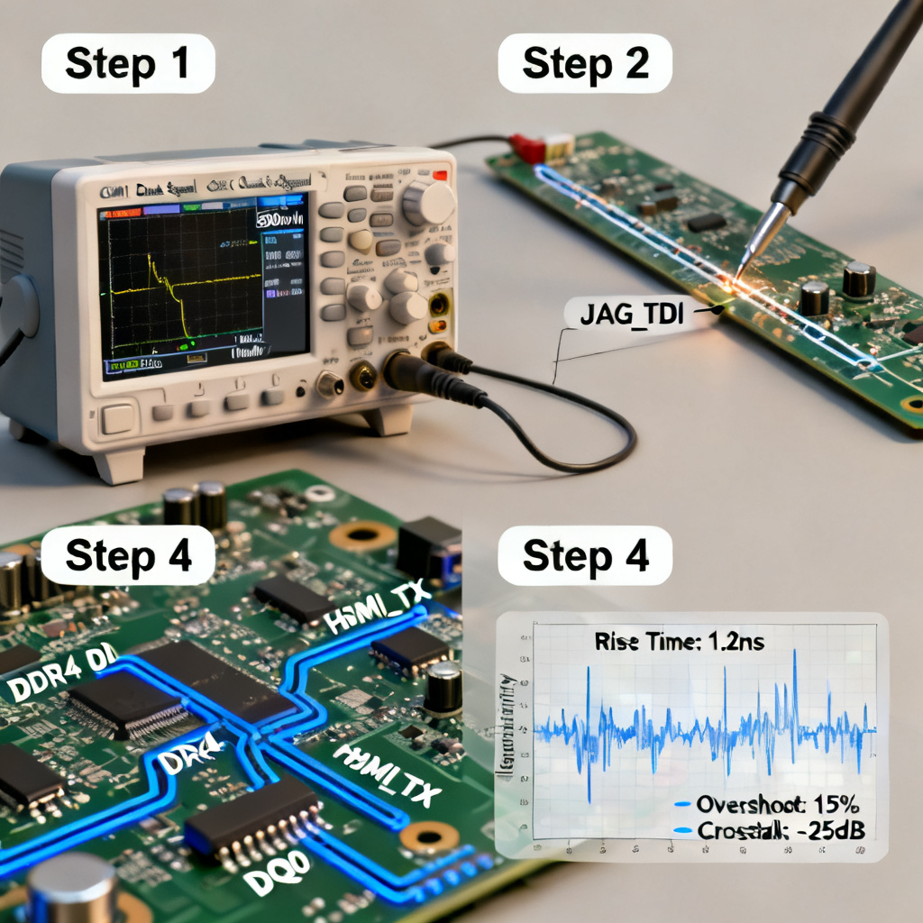 Eye diagram PCB debug process steps showing measurement and analysis workflow