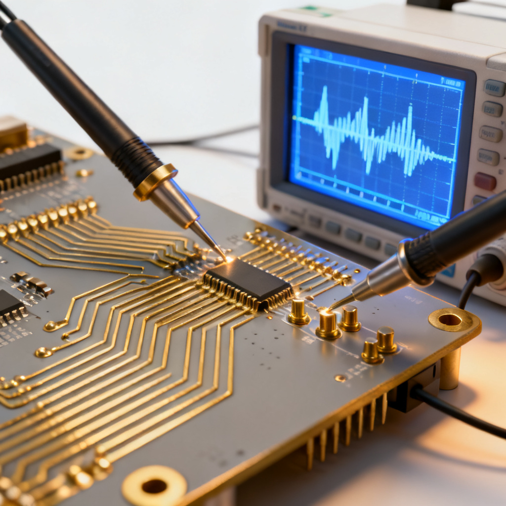 Eye diagram PCB measurement overview showing signal integrity testing with oscilloscope