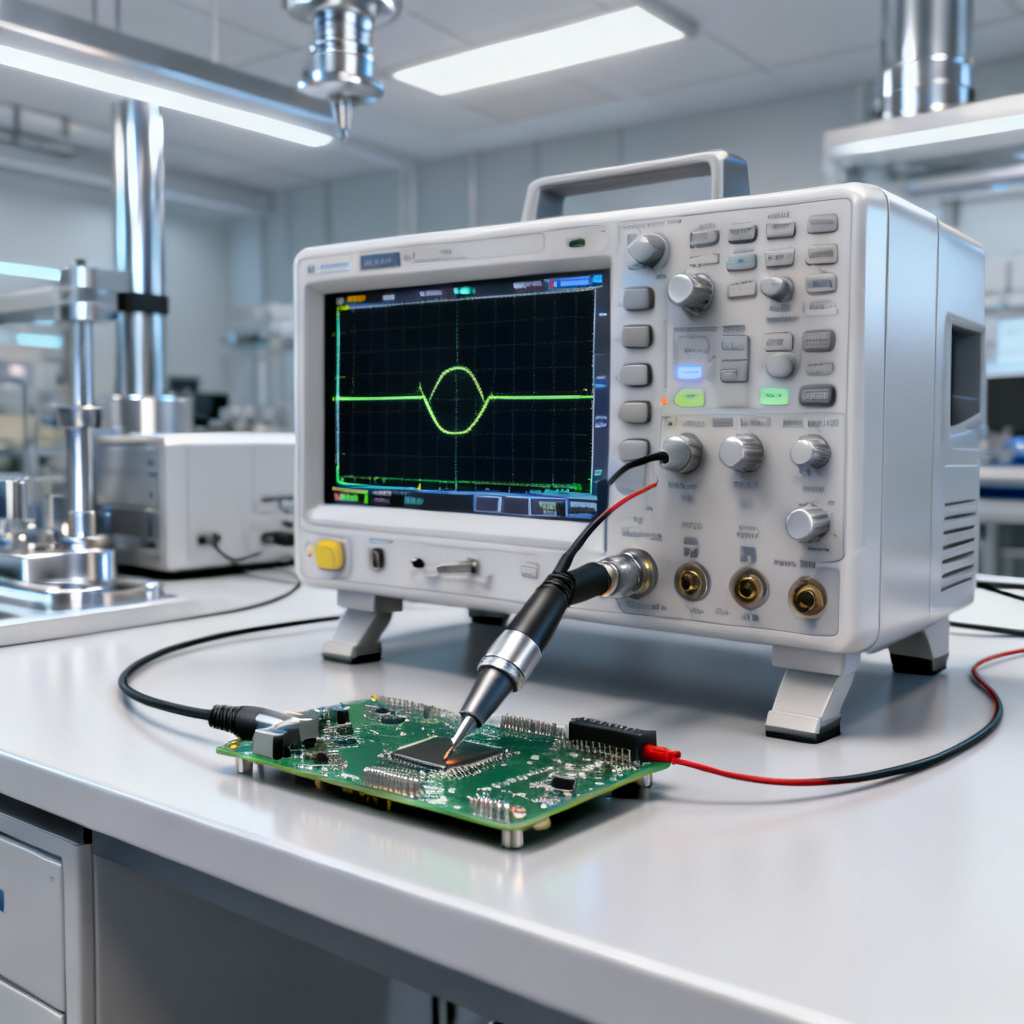 Eye diagram PCB measurement setup with oscilloscope and differential probe