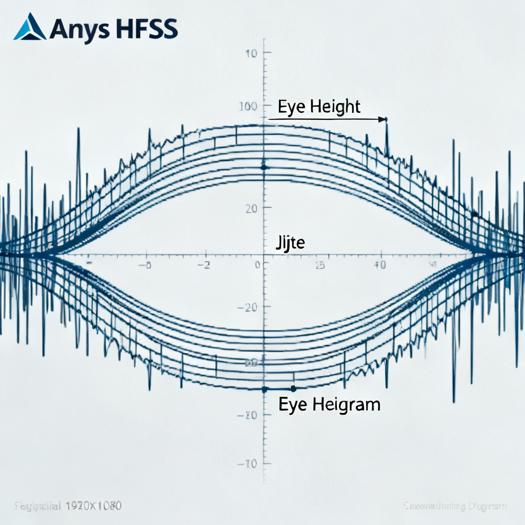 Eye diagram PCB simulation results in Ansys HFSS showing signal integrity metrics