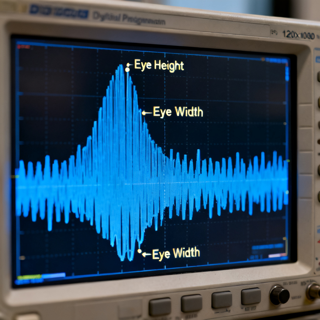 Eye diagram signal integrity metrics in Keysight ADS showing eye height and eye width measurements