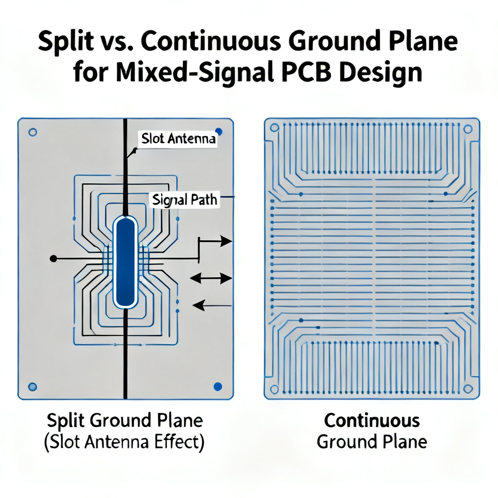 Ground plane split myth illustration showing slot antenna effect on mixed-signal PCB