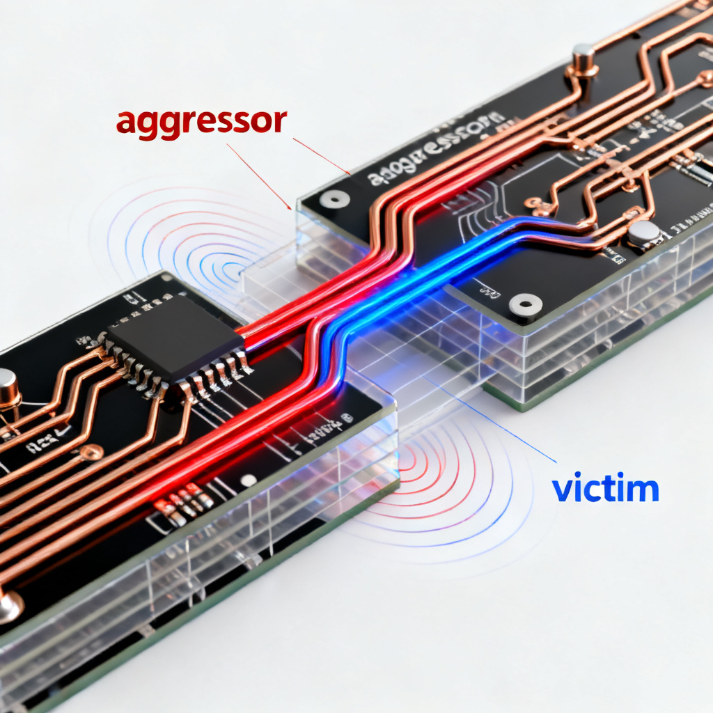 High speed PCB crosstalk induced jitter overview showing aggressor and victim traces