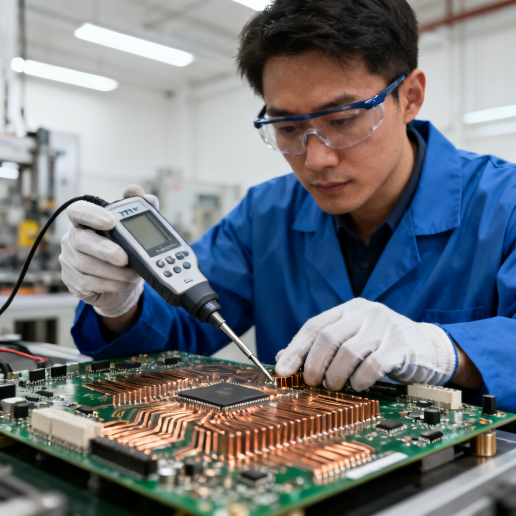 High-speed PCB manufacturing expert performing impedance control testing in factory environment