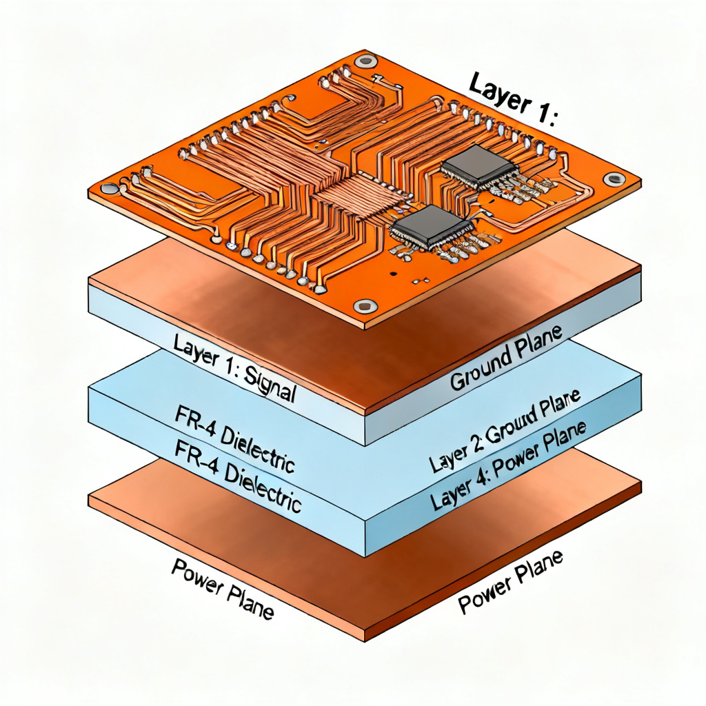 High speed PCB stackup diagram for 4-layer board with ground and power planes