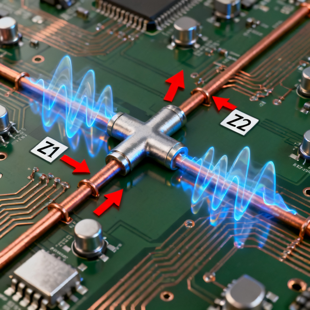 High-speed PCB T-junction reflection physics diagram showing impedance mismatch