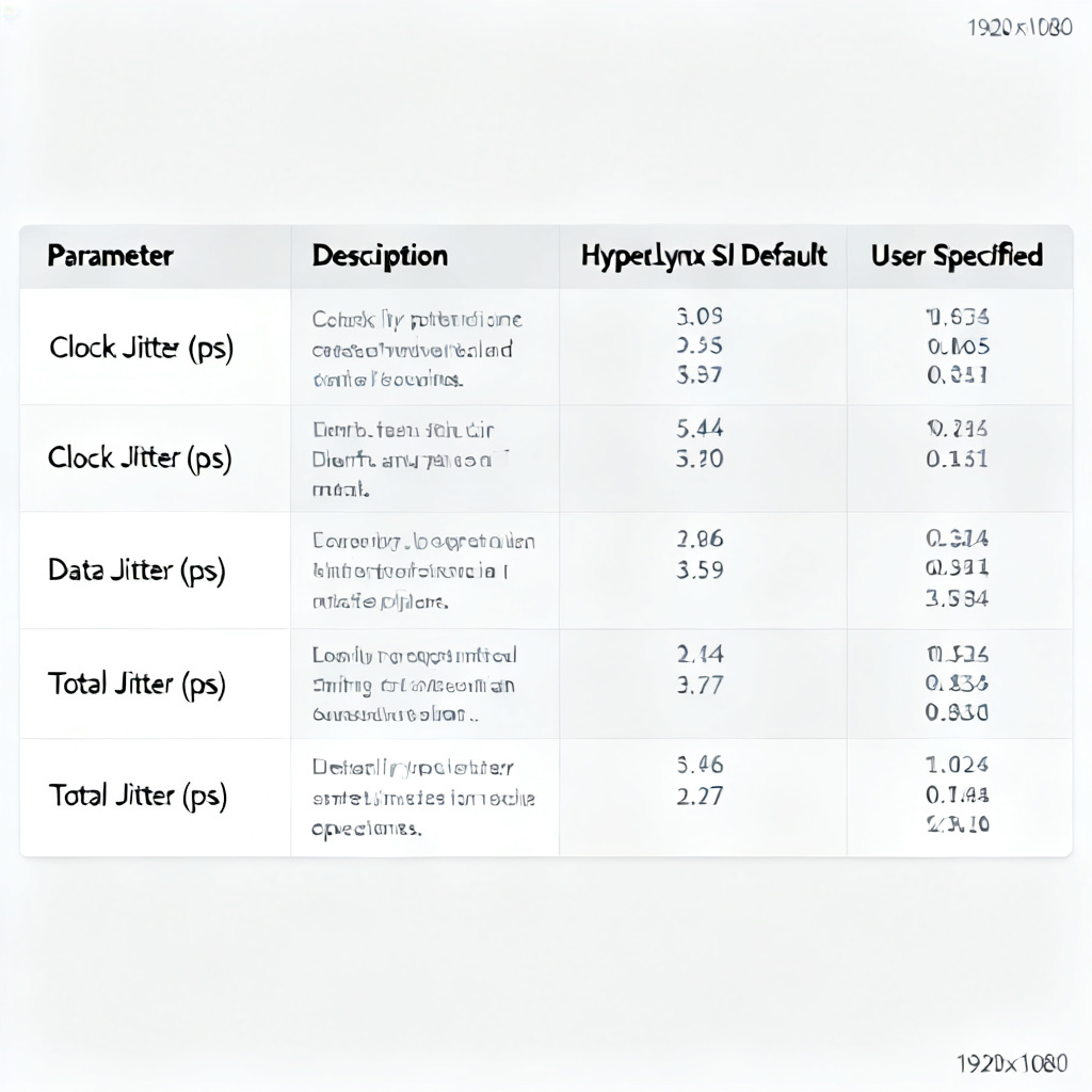 Technical specifications table for jitter in High Speed PCB Simulation using HyperLynx SI
