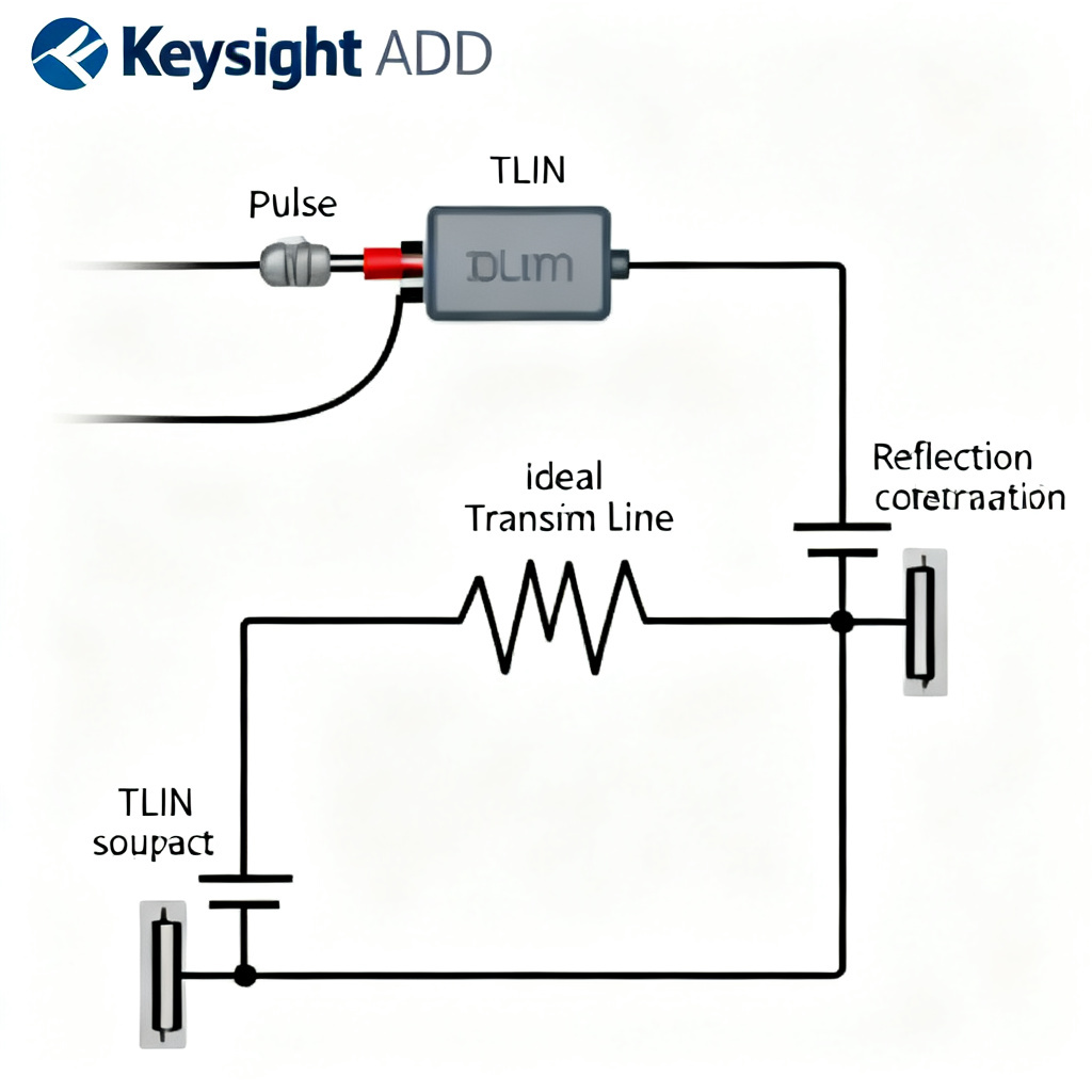 Ideal transmission line model setup in Keysight ADS for reflection simulation showing TLIN components