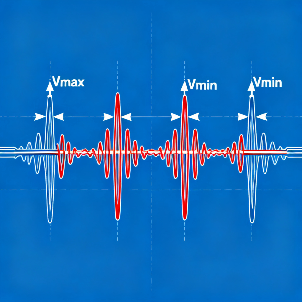Standing wave pattern caused by impedance mismatch showing VSWR maxima and minima