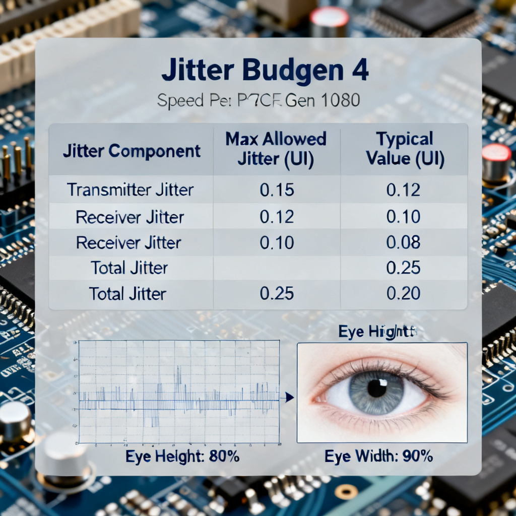 Jitter budget table for PCIe Gen 4 high-speed PCB showing TJ DJ and RJ values