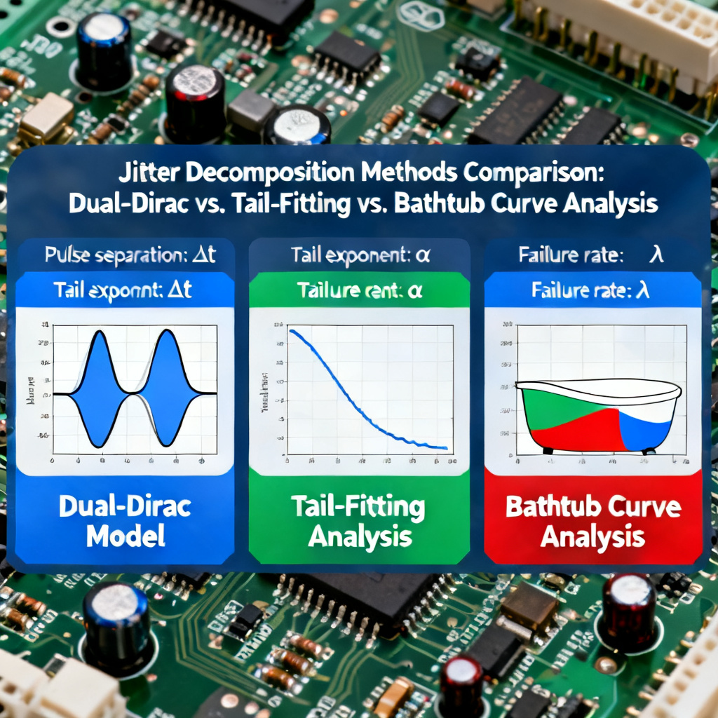 Jitter decomposition methods for PCB eye diagram analysis showing tail-fitting and bathtub curve