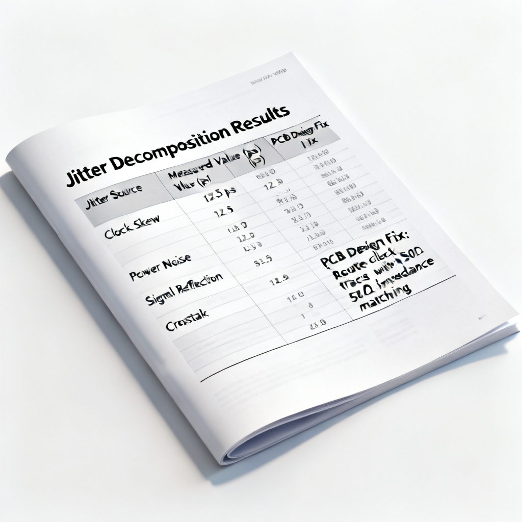Jitter decomposition results table guiding High Speed PCB design actions
