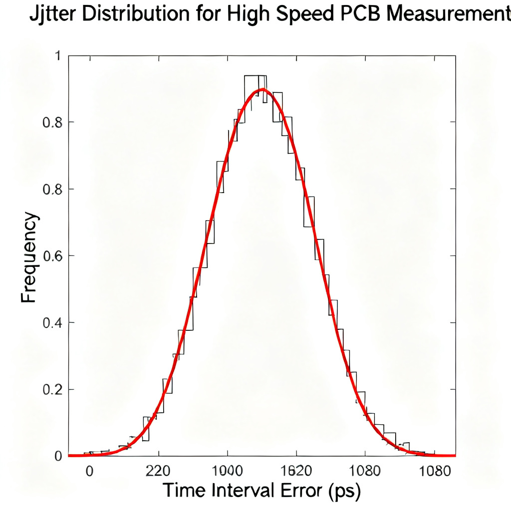 Jitter histogram distribution for high speed PCB measurement showing Gaussian fit