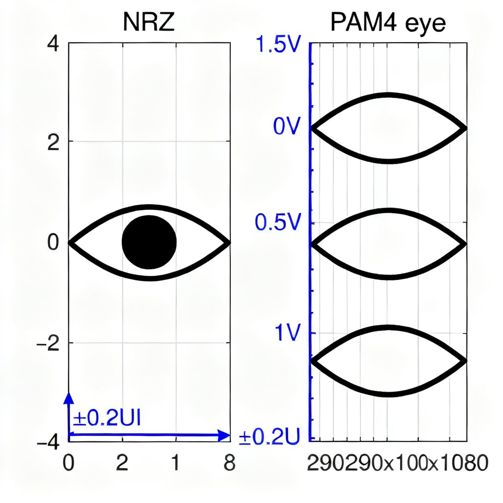 NRZ vs PAM4 eye diagram comparison showing single eye versus three stacked eyes
