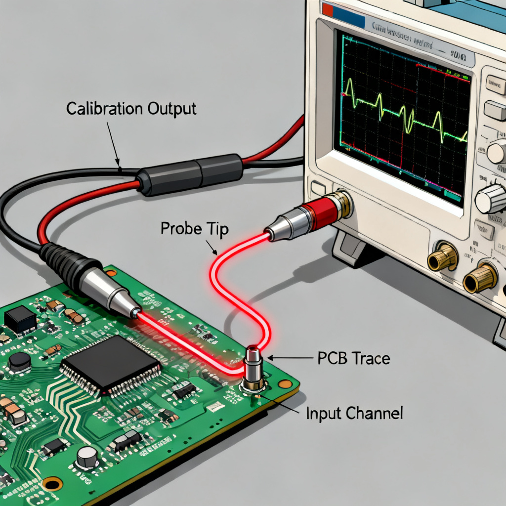Oscilloscope calibration chain overview showing signal path from PCB to scope
