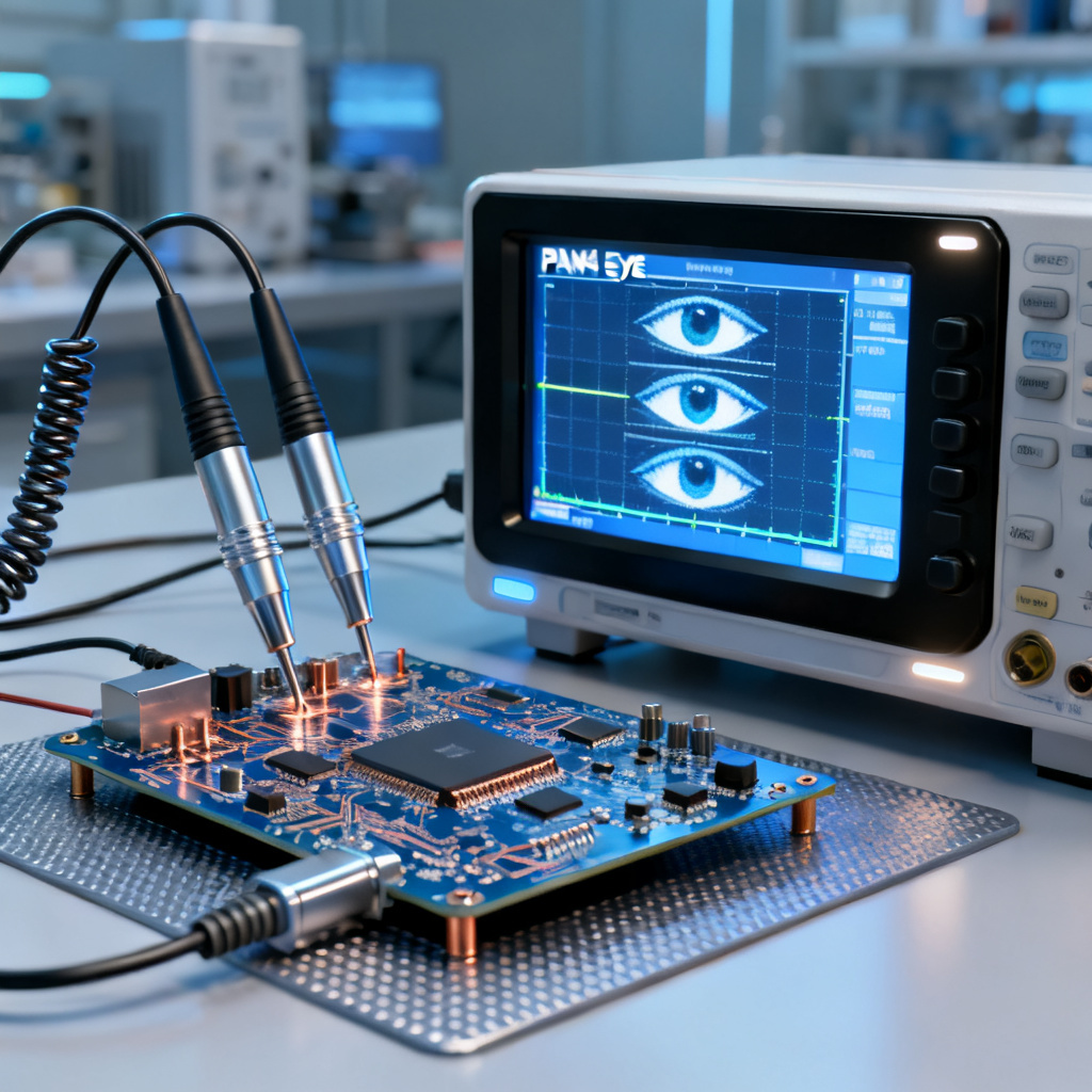 PAM4 eye diagram PCB testing overview showing three stacked eyes on oscilloscope