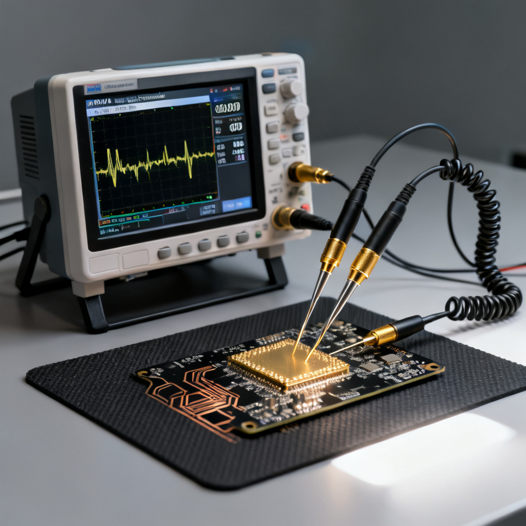 PAM4 PCB testing setup with oscilloscope and high-speed probes for eye diagram measurement