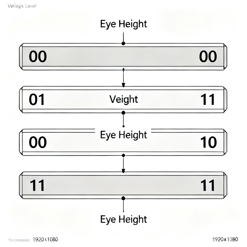 PAM4 signal levels and eye height diagram showing four voltage levels and three eyes