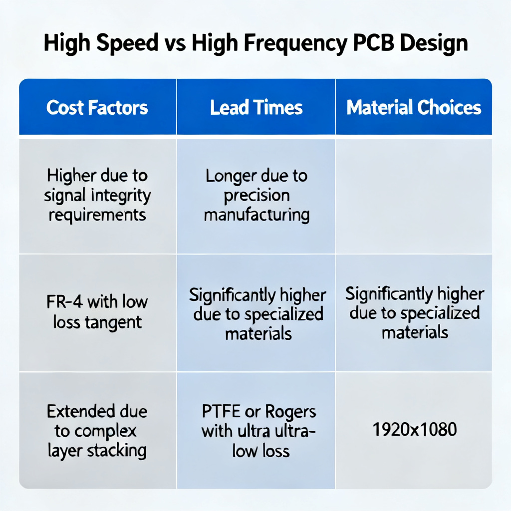 Cost and manufacturing comparison table for High Speed vs High Frequency PCB Design