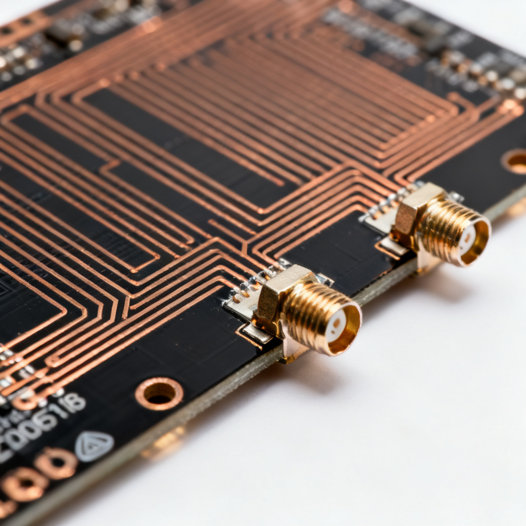 Closeup of impedance control PCB coupon design with trace width and launch pads