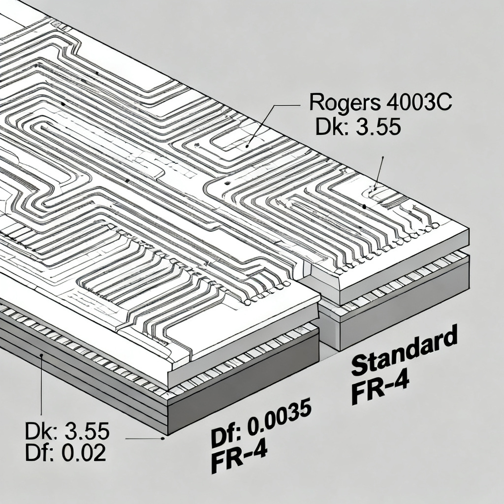 PCB material selection for High Speed vs High Frequency PCB Design showing Rogers and FR-4 laminates