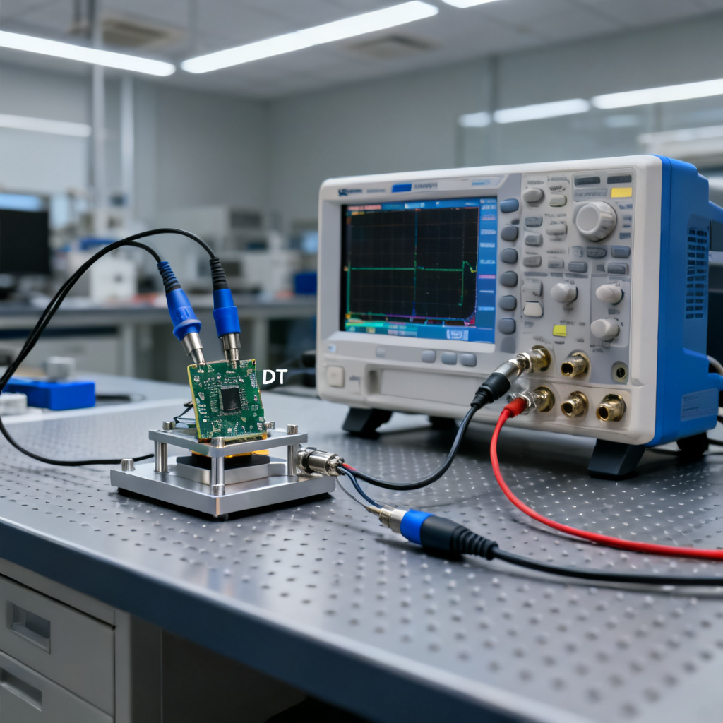 PCB test lab setup with high-bandwidth oscilloscope and probes for eye diagram measurement