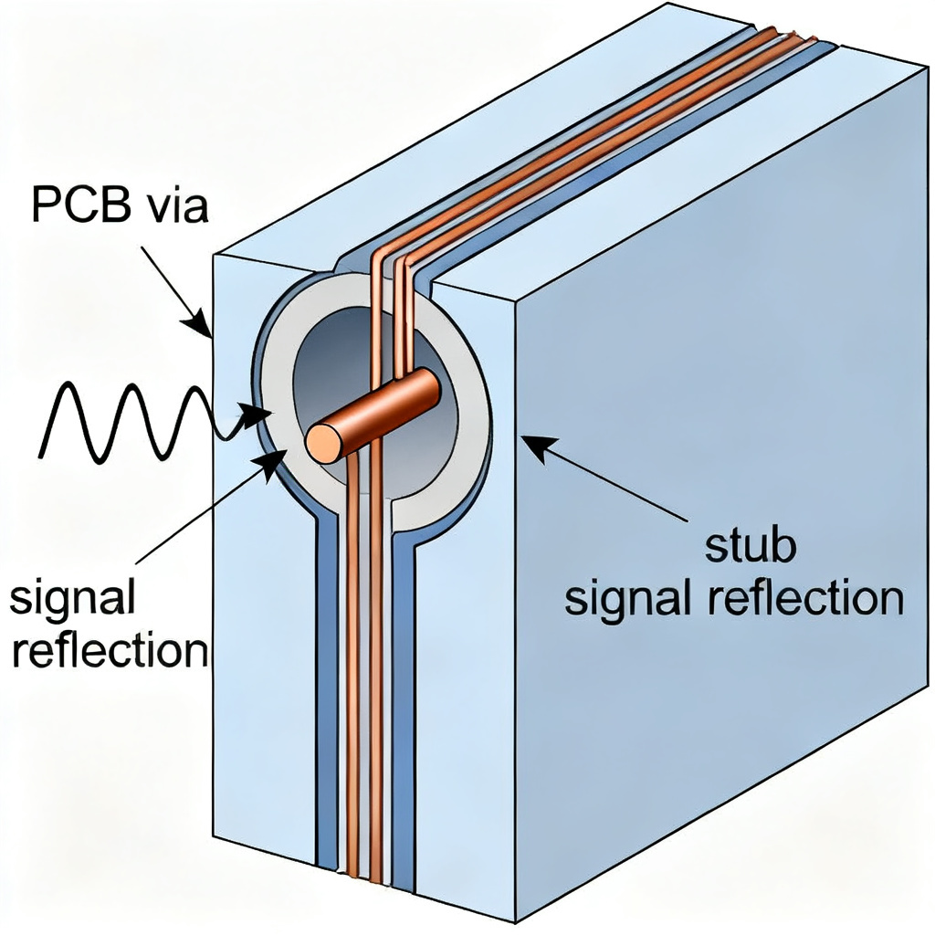 PCB via stub reflection illustration showing signal reflection in transmission line