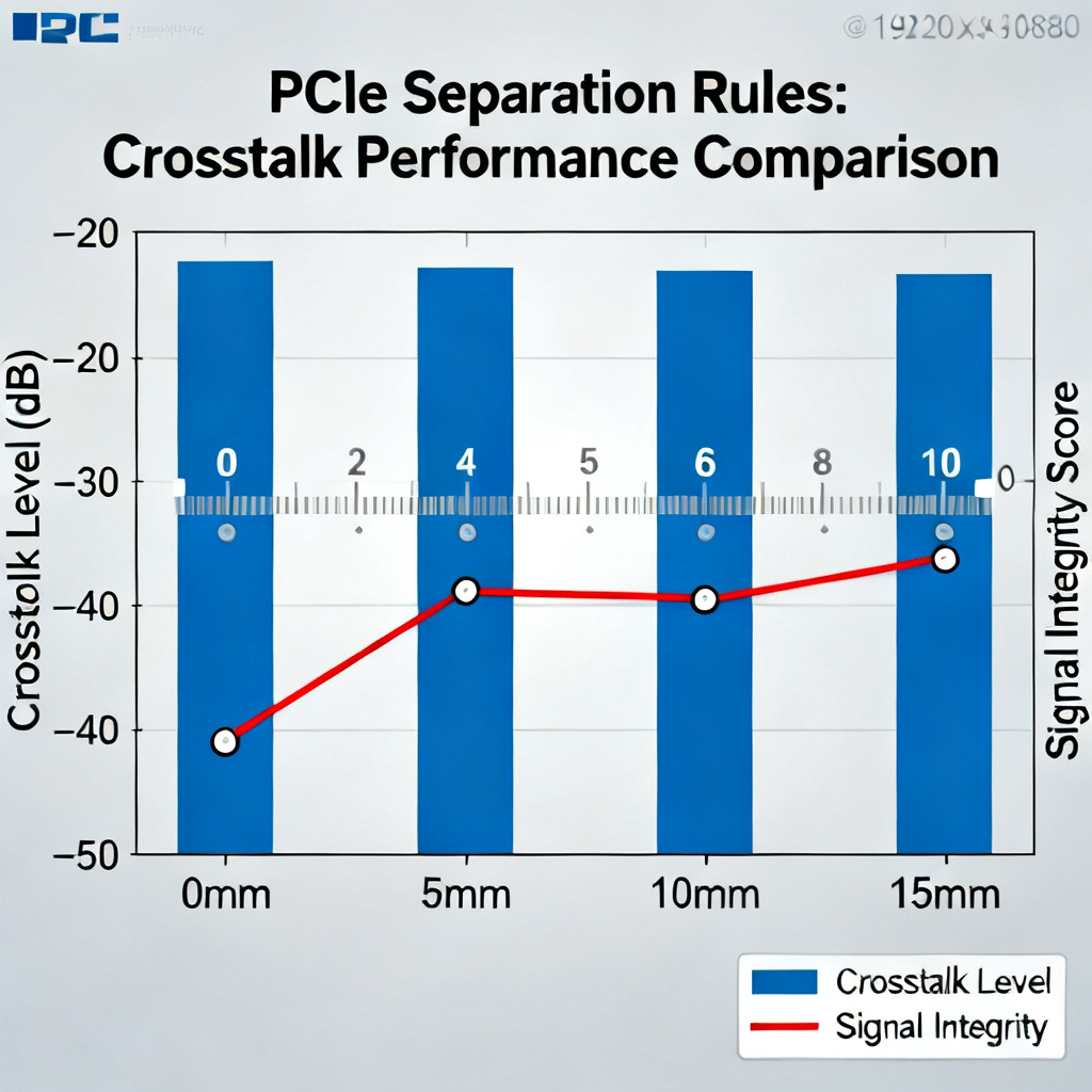 Crosstalk comparison table for high speed PCB for PCIe lanes showing separation rules