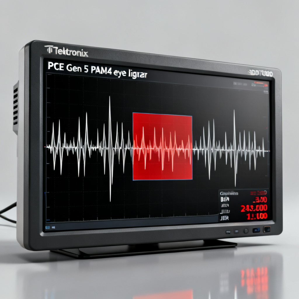 PCIe Gen 5 compliance testing using Tektronix DPO70000 with PAM4 eye diagram and multi-standard support for high-speed PCB