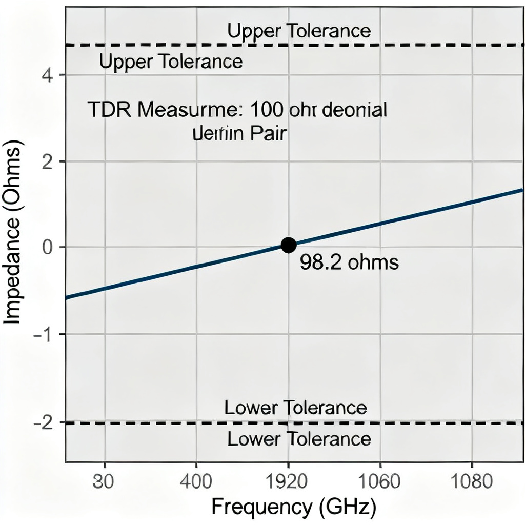 PCIe Gen 5 impedance control PCB test vehicle validation result showing 98.2 ohm differential impedance