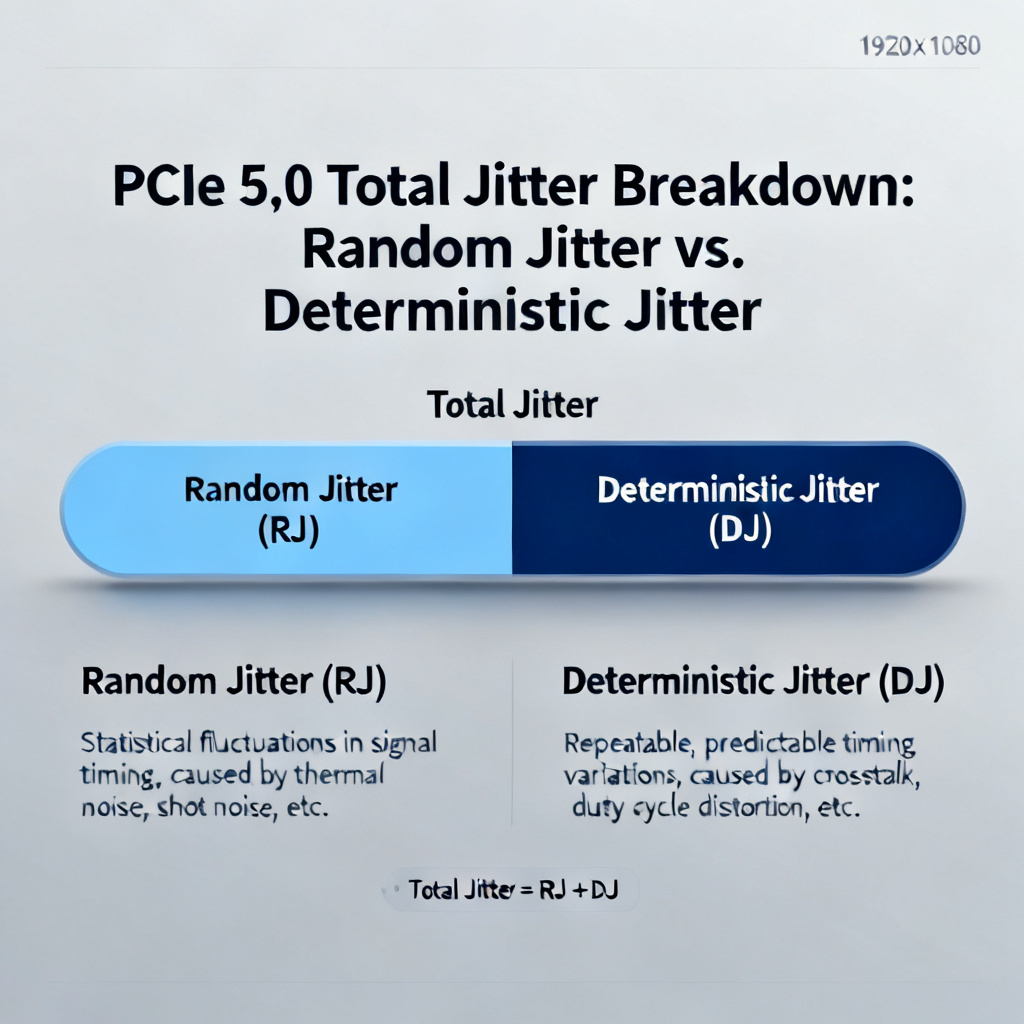 PCIe 5.0 jitter components breakdown showing random and deterministic jitter sources in high speed PCB